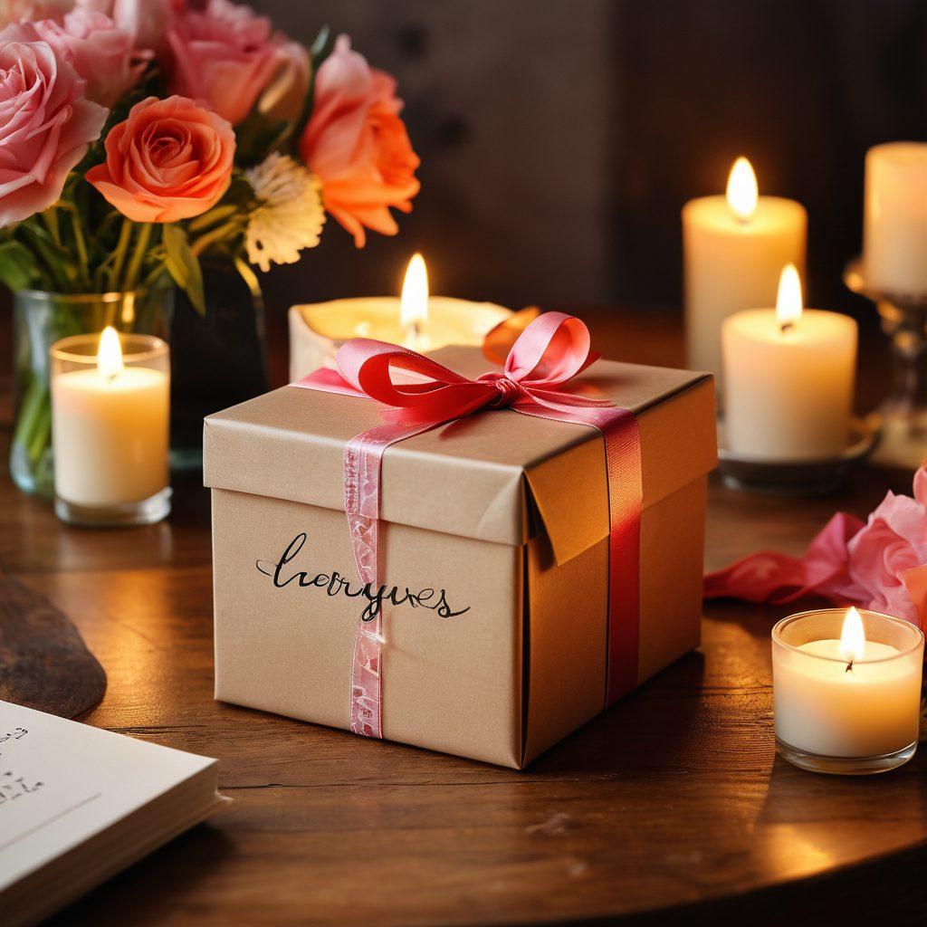 A cozy scene featuring a beautifully wrapped gift box surrounded by candles and delicate flowers, symbolizing love and celebration. In the background, a couple is seen enjoying a romantic dinner with soft lighting and a heart-shaped decoration. Include elements like handwritten notes with love quotes and an assortment of heartfelt gifts on a wooden table. Create an inviting and warm atmosphere. super-realistic. vibrant colors. soft focus.