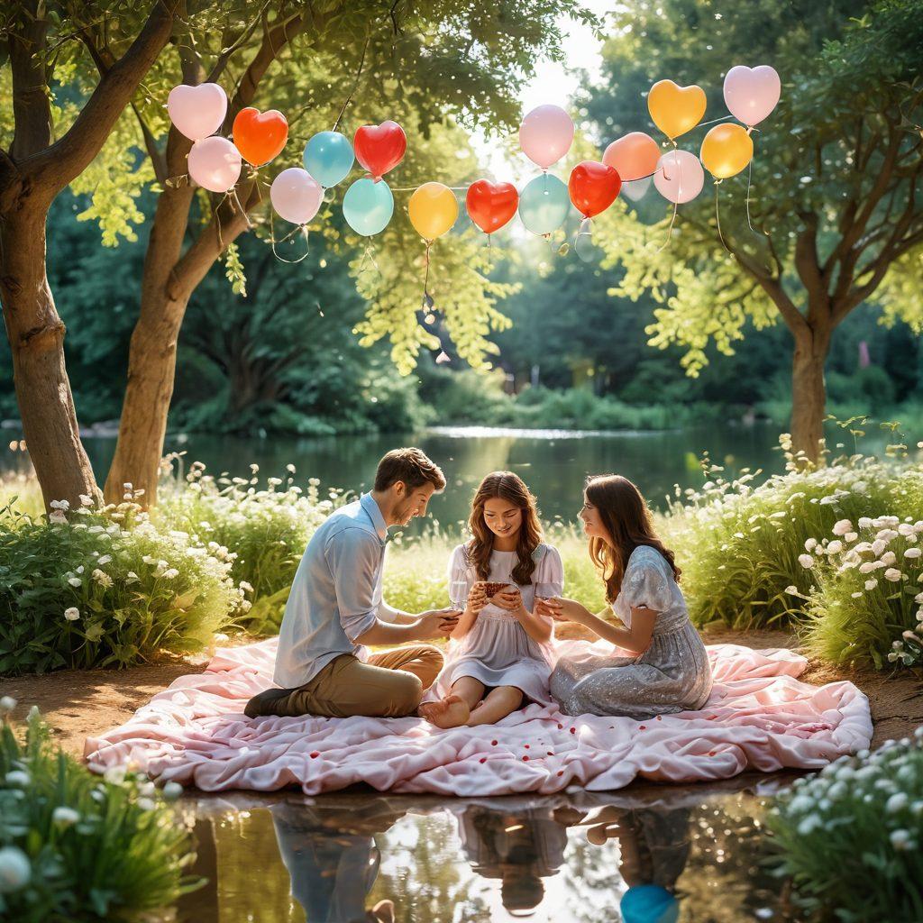 A cozy, heartwarming scene of a couple enjoying a picnic in a sunlit park, surrounded by blooming flowers, interspersed with symbols of love like heart-shaped balloons and intertwined hands. Capture their joy and connection, showcasing a decoration of fairy lights above, emphasizing warmth and togetherness. The background features a gentle stream and soft greenery. super-realistic. vibrant colors. 3D.