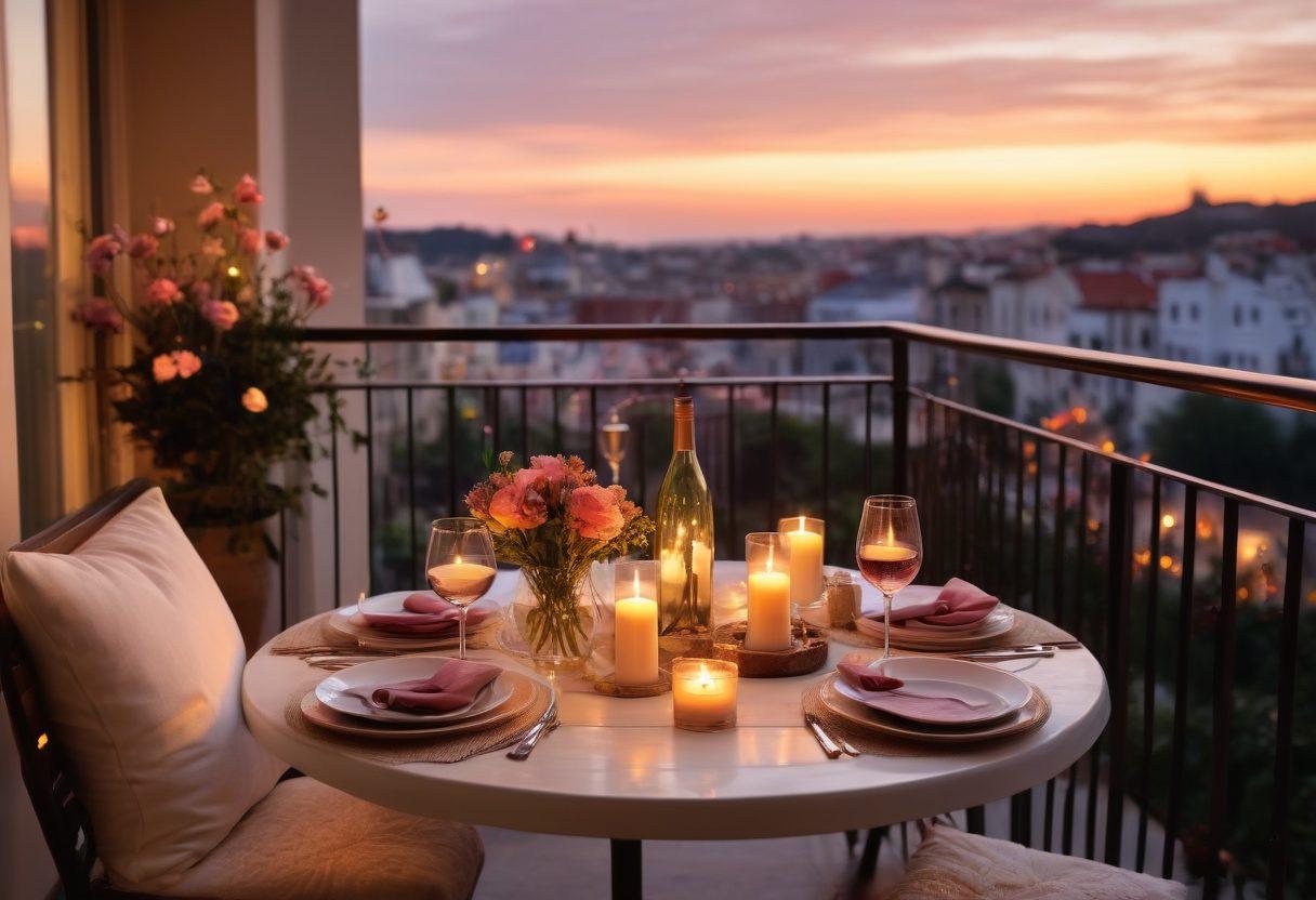 A cozy candle-lit dinner set for two on a balcony overlooking a sunset, adorned with soft pillows and delicate flower arrangements. Include a bottle of wine and two glasses, and add fairy lights twinkling above. The atmosphere should exude warmth and intimacy, capturing the essence of romance. surrealistic. vibrant colors. soft focus.
